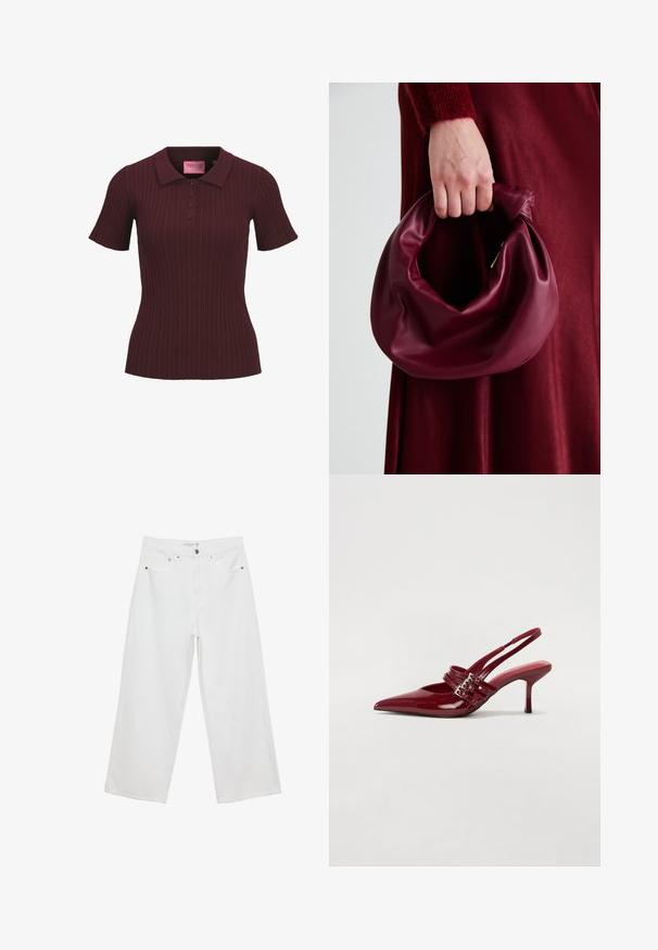Bordeaux-farbenes kurzärmeliges geripptes Poloshirt mit vier Knöpfen und spitzem Kragen, taillierte Passform und JJXX-Label in Rosa im Kragen.; Weiße Jeans im weit geschnittenen Design aus Denim mit hoher Taille, ausgestattet mit fünf Taschen und Metallbeschlägen. Glatte Textur, keine sichtbaren Muster.; Rote Lackleder Slingback-Absätze mit spitzem Zeh, zwei Schnallenriemen und einem schlanken, mittelhohen Stiletto-Absatz. Glatte Textur.; Burgunderleder-Handtasche mit einem weichen, gerafften Design und einer gerundeten Form. Der Griff ist gesichert und zeigt eine glatte Textur.