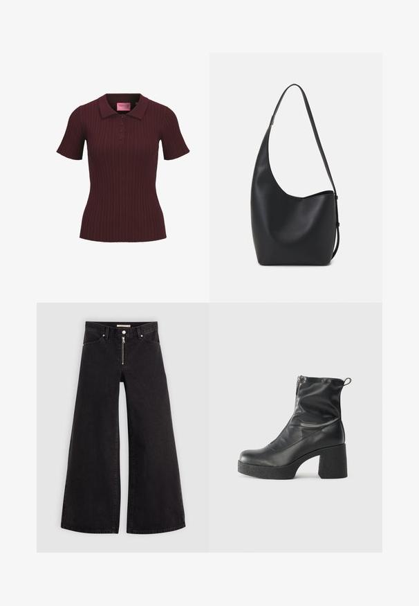 Burgundijas īsām piedurknēm ribota polo krekls ar četriem pogām un izteikta apmale, pieguļoša jostas daļa, un JJXX rozā etiķete iekšpusē apkaklēm.; Platas kājas džinsi melnā džinsa audumā ar rāvējslēdzēju priekšā, piecu kabatu dizains un smalkas šuvju detaļas. Gluda tekstūra un ikdienišķs stils.; Melni potītes zābaki, kas izgatavoti no gludas ādas, ar sānu rāvējslēdzēju, masīvu strukturētu papēdi un noapaļotu purngalu.; Melnas ādas hobo soma ar gludu tekstūru, izliekta forma un vienu regulējamu jostu; augšā ir plaša atvere.