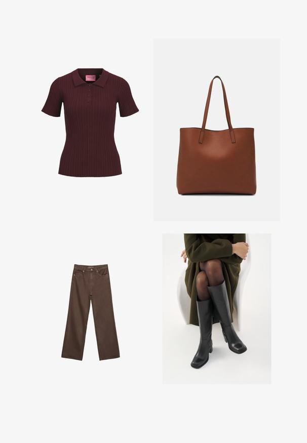 Bordeaux-farbenes kurzärmeliges geripptes Poloshirt mit vier Knöpfen und spitzem Kragen, taillierte Passform und JJXX-Label in Rosa im Kragen.; Weite braune Jeans aus Denim, mit hoher Taille, Fronttaschen und klassischem Knopfverschluss. Glatte Textur mit feinen Nähten.; Knöchelhöhe schwarze Lederstiefel mit quadrater Spitze und Blockabsatz, gezeigt mit einem Modell, das einen olivgrünen Mantel trägt. Glatte Textur, minimale Details.; Braune Leder-Tote mit glatter Textur, offenem Oberteil und zwei Schulterriemen. Verfügt über minimale Nähte und keine sichtbaren Beschläge.