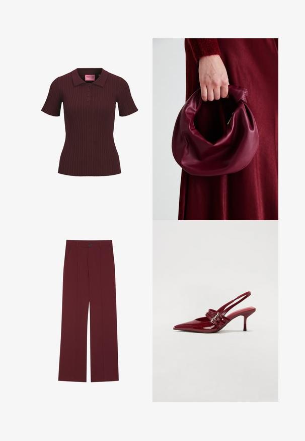 Bordo trumpas rankovės įvairus polo marškinėliai su keturiais mygtukais ir smailiu apykakle, prigludusi juosmens dalis ir JJXX rožinė etikete apykaklės viduje.; Burgundinės kelnes su plačiomis kojomis, turinčios mygtukų užsegimą, dvi šonines kišenes ir raukšlių detalę priekyje. Lygus audinio paviršius.; Raudoni blizgūs odiniai bateliai su atviru kulnu, smailiu nosiu, dviem užsegimais ir plonu, vidutinio aukščio stiletto kulnu. Lygus paviršius.; Bordo odinė rankinė su minkštu, susiraukšlėjusiu dizainu ir apvalia forma. Rankena yra tvirtai pritvirtinta, atskleidžianti lygią tekstūrą.