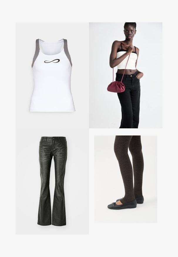 Canotta atletica bianca con inserti in rete nera sulle spalle e un logo infinito nero sul davanti. Tessuto morbido, design aderente.; Jeans svasati neri in ecopelle con tasche frontali, chiusura a bottone metallico e una superficie leggermente tessurizzata. Gamba dritta con taglio lungo.; Scarpe nere a flat con un piccolo fiocco sulla punta, abbinate a collant a coste marrone scuro. Le scarpe hanno una texture liscia e un profilo basso.; Borsa a tracolla in morbido tessuto bordeaux con design arricciato e una lunga tracolla, indossata a tracolla. Il modello indossa un top corto bianco e jeans neri.