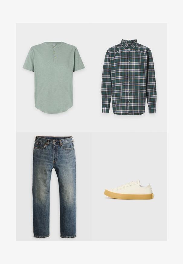 Mintgrønn kortermet henley-skjorte laget av mykt stoff, med rund halslinning og tre knappestolper med avrundet kant.; Grønn flanellskjorte med rutete mønster som har blå, hvite og sennepsgule linjer. Knapper foran og spiss krage. Lange ermer.; Blå, falmede denim jeans med lige ben, frontlommer, bæltestropper, knap og lynlås på en lys baggrund.; Canvas sneakers i off-white med rund tå, med beige gummisåler og fem hull for lisser, strukturert finish på overdelen.