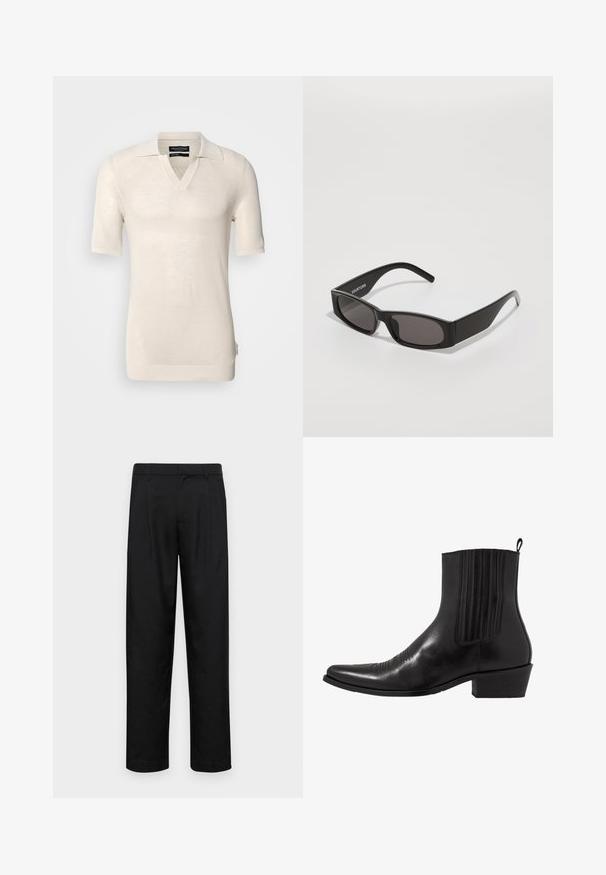 Svetlobežový svetr s krátkymi rukávmi a výstrihom do V, s plochým golierom. Vyrobený z texturovanej pleteniny, s jemným vzorom a postrannou etiketou.; Čierne nohavice vyrobené z hladkej tkaniny, s rovnými nohavicami, dvoma prednými skladmi a štandardným pásom s pútkami na opasok.; Čierne kožené členkové topánky s špičatou špičkou, elastickými bočnými panelmi, vertikálnymi švami a nízkym blokovým podpätkom.; Čierne obdĺžnikové slnečné okuliare s tmavými sklami, hladkým plastovým rámom a decentným logom na ľavom ramene. Minimalistický dizajn.