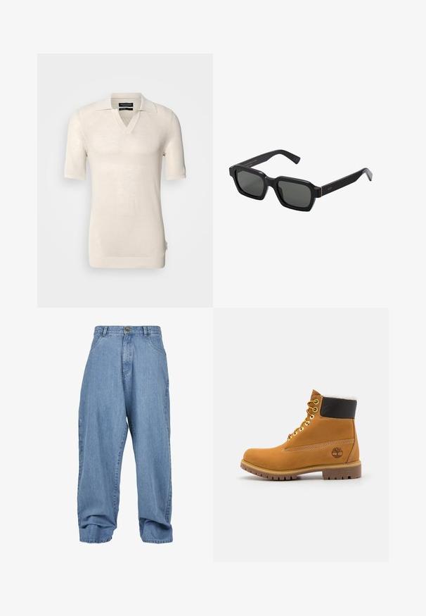 Pulover scurt cu mânecă scurtă, de culoare bej deschis, cu decolteu în V și guler plat. Fabricat dintr-un material tricotat texturat, având un model subtil și etichetă pe lateral.; Pantaloni din denim de un albastru deschis, cu o croială lejeră, închidere cu nasture, buzunare frontale și tivuri cu manșete, având un design clasic cu cinci buzunare.; Botină din piele maronie la gleznă, cu ochiuri metalice, căptușeală din blană albă, guler îmblănit negru, talpă robustă și logo embossat pe lateral.; Ochelari de soare negri, de formă pătrată, cu lentile gri. Ramele groase din plastic au accente negre și branding pe braț. Textură netedă.