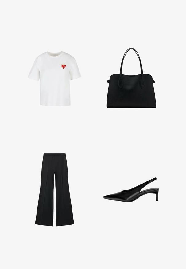 Weißes Baumwoll-T-Shirt mit rundem Ausschnitt und kurzen Ärmeln, das auf der linken Brustseite eine rote Traubenillustration zeigt.; Schwarze weit geschnittene Hose mit glatter Textur, ausgestattet mit Frontfalten und einem taillierten Design. Der Stoff ist leicht und fließend.; Schwarze Leder-Slingback-Schuh mit spitzer Zehe, niedrigem Absatz und Ausschnitt-Design an den Seiten. Glatte Textur mit schlanker Optik.; Schwarze Lederhandtasche mit zwei Schulterriemen, rechteckiger Form und minimalistischem Design auf weißem Hintergrund.