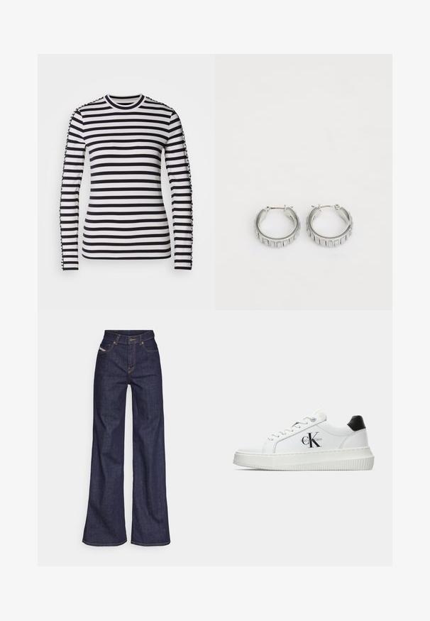 Langsleeve shirt met contrasterende zwart-witte horizontale strepen, ronde halslijn en textuuraccenten langs de mouwen.; Donkerblauwe wijde jeans van denimstof met een hoge taille, voorzien van oranje stiksels, een vijf-pocket ontwerp en een knoopsluiting.; Witte lage sneaker met zwarte hiel tab, plateauzool, veters en Calvin Klein "CK" logo aan de zijkant.; Zilveren hoepel oorbellen met een textuurontwerp dat verticale ribbels heeft. Cirkelvormig met een veilige sluiting. Gladde afwerking.