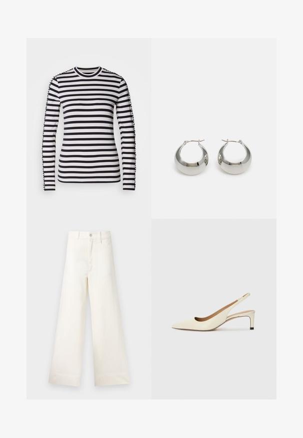 Long-sleeved shirt featuring contrasting black and white horizontal stripes, round neckline, and textured accents along the sleeves.; Wide-leg trousers in light beige cotton. Features a high waist, front pockets, and a straight cut. Clean hem finishing without patterns.; Pointed-toe slingback shoe in off-white leather, featuring a low heel and cut-out design with a smooth texture and minimal accents.; Silver metal hoop earrings with a smooth, shiny surface and a structured, rounded design. Features a hinged clasp for secure wear.