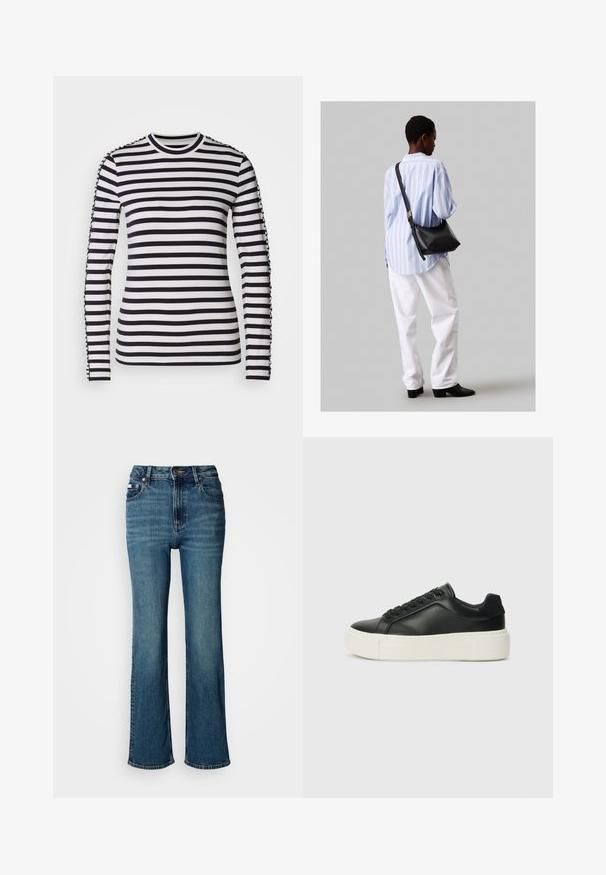 Cămașă cu mânecă lungă, cu dungi orizontale contrastante alb-negru, decolteu rotund și accente texturate pe mâneci.; Jeans albastre cu talie înaltă, din denim, cu un design drept, ușor decolorate și închidere standard cu buton și fermoar.; Adidași din piele neagră cu vârf rotund, talpă platformă albă și șireturi negre. Prezintă un logo discret pe toc și o textură netedă.; Geantă de umăr din piele neagră cu o textură moale, formă triunghiulară și curea ajustabilă, asortată cu o bluză cu dungi albastre deschise și pantaloni albi.