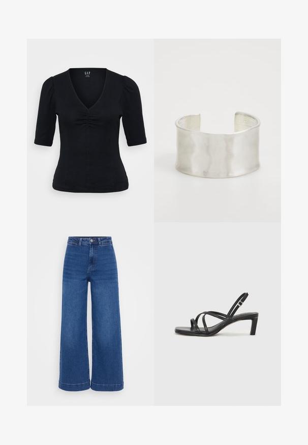 Črna prilegajoča majica z V-izrezom, kratkimi nabranimi rokavi ter nabrano podrobnostjo spredaj. Narejena iz mehke, elastične tkanine.; Visoke široke kavbojke v srednje modrem denimu, z gumbom za zapiranje, zanke za pas in čistim robom brez obrabe.; Črne natikače s trakovi in kvadratnim prstom ter nizkim blokastim peto. Imajo več tankih trakov in nastavljiv trak okoli gležnja. Narejene so iz gladkega usnja.; Zign Zapestnica - silver-coloured
