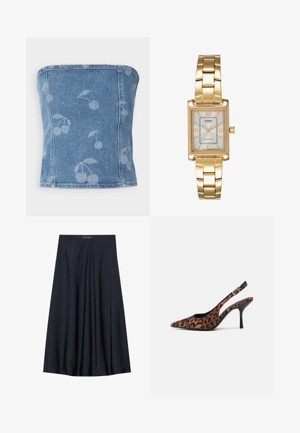 Denim strapless topp med en lys blå bakgrunn som har et subtilt kirsebærmønster. Strukturert design med sømkanter og en glatt tekstur.; Sort, knelangs skjørt laget av lett stoff med en flytende design. Har en jevn tekstur og subtile folder for ekstra detalj.; Leopardmønstrede slingback højhælede sko med spids tå, sort blank hæl og justerbar ankelstrop. Blødt materiale med en struktureret overflade.; Gullfarget rektangulær klokke med hvit urskive, sølvfargede timeindikatorer og et slitesterkt metallarmbånd. Vanntett funksjon inkludert.