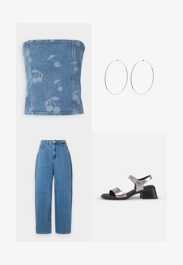 Džínsový top bez ramienok so svetlomodrým pozadím, na ktorom je jemný vzor čerešní. Štruktúrovaný dizajn s prešitými okrajmi a hladkou textúrou.; Svetlomodré džínsy so striha rovných nohavíc, vysokým pásom a predným zapínaním na gombík. Obsahujú päť vreciek a minimalizované detaily šitia.; Strieborné kožené sandále s otvorenou špičkou, obsahujúce široký predný remienok, remienok okolo členka so sponou a stredne vysoký blokový opatok.; Strieborné kruhové náušnice s hladkým, okrúhlym dizajnom a lesklým povrchom. Sú tenké a ľahké, s jednoduchým uzáverom.