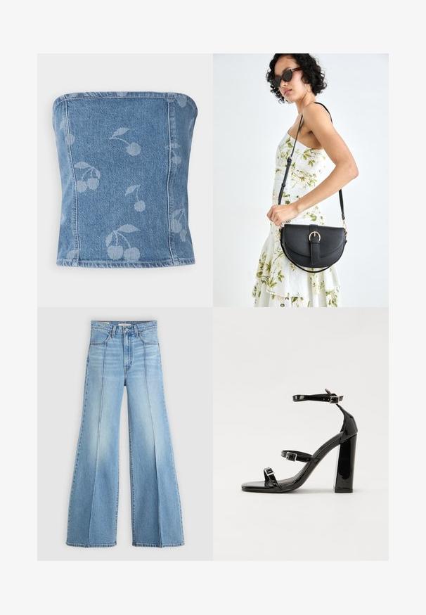 Denim strapless topp med en lys blå bakgrunn som har et subtilt kirsebærmønster. Strukturert design med sømkanter og en glatt tekstur.; Lyseblå høytlivsjeans med vide ben, front- og baklommer, beltehemper og vertikale sømdetaljer foran.; Svart høyglans sandaler med hæl, firkantet tå, ankelremmer og sølvspenner. Har en kraftig blokkhæl for stabilitet.; Svart lærveske med en buet form, avtagbar stropp og gullbeslag. Vesken har et klaff med spenne-detall.