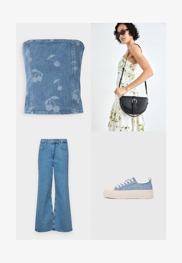 Top sem alças em denim com um fundo azul claro, apresentando um padrão discreto de cerejas. Design estruturado com bordas costuradas e uma textura suave.; Jeans de brim azuis claros, com corte à boca de sino, apresentando uma cintura alta, cinco bolsos e um fecho de botão único. Textura macia com acabamento desbotado.; Ténis de lona azul claro com uma biqueira e sola de borracha creme, apresentando atacadores brancos e uma alça na parte de trás.; Bolsa de couro preta com forma curva, alça destacável e detalhes em dourado. A bolsa possui uma aba com detalhe de fivela.