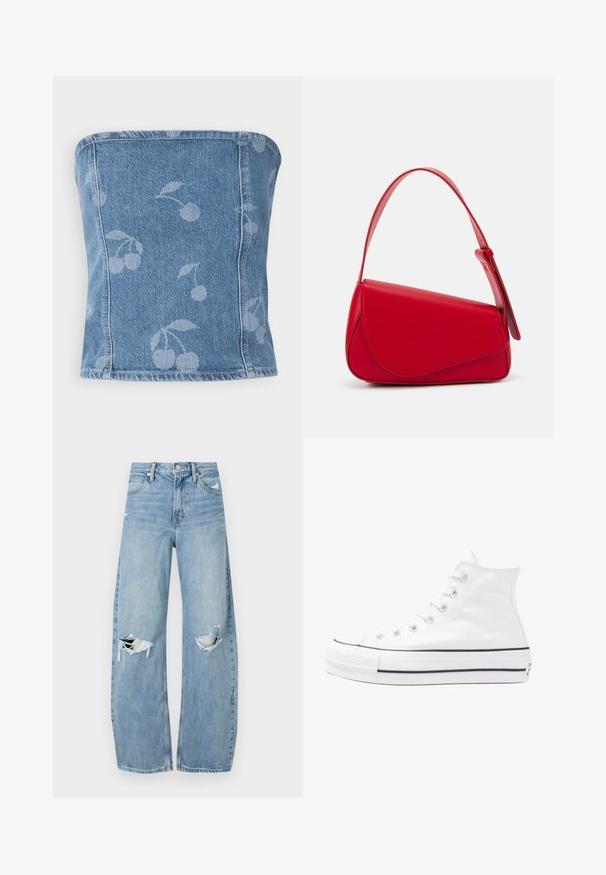 Top fără bretele din denim cu un fundal bleu deschis, având un model subtil de cireșe. Design structurat cu margini cusute și o textură netedă.; Jeans de denim, de un bleu deschis, cu talie înaltă. Au picioare late, două zone rupte la genunchi și un stil clasic cu cinci buzunare.; Adidași albi tip pantofi sport cu glezna din pânză, cu talpă din cauciuc negru, capac de vârf din cauciuc frontal și șase ochiuri pentru șireturi, având un design curat și minimalist.; Geantă de mână din piele roșie, cu un design unghiular și geometric. Dispune de o singură curea ajustabilă și un sistem de închidere cu clapetă, cu detalii cusute.