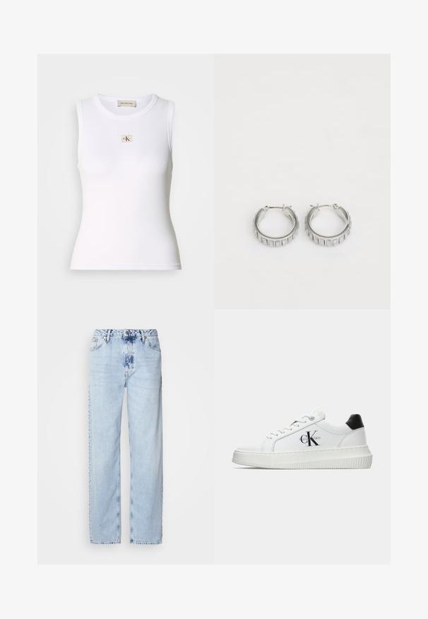 Valge ilma varrukateta džersipekk, ümmarguse kaelusega. Rinna peal on väike CK logo ruudukujulisel plaastril. Veniv ribatekstuur.; Heledad sinise värvi laiad teksad, mis on valmistatud denimist, kõrge vöökoht, pleekinud pesu ja peen tie-dye muster ettepoole.; Valge madalate sokkidega jooksutoss, millel on must konts, platvormi tallad, paelad ja Calvin Kleini "CK" logo küljel.; Hõbedased rõngassõrmed tekstureeritud disainiga, kus on vertikaalsed sooned. Ümmargune kuju ja kindel lukustus. Sile viimistlus.