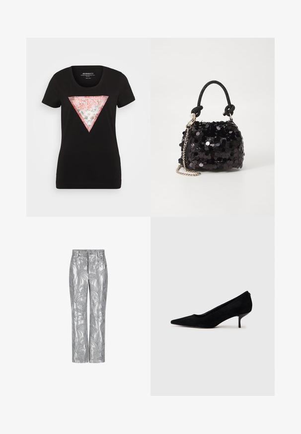 Črna kratka majica s kratkimi rokavi, ki vsebuje rožnato in belo trikotno grafiko z besedo "GUESS?" in dekorativnimi vzorci. Bombažna tkanina.; Hlače z srebrnim vezenjem z vzorcem listov, ravne noge in gladka, sijoča tekstura. Funkcionalni žepi in zapiranje na gumb.; Črne semiš visoke pete z običajem in tankim, nizkim petom. Gladka tekstura s elegantnim dizajnom, brez vidnih kovinskih delov.; Črna mini torbica s palčkami iz bleščic, z vozlanim teksturiranim trakom in srebrnima verigama. Okrogla oblika z nabranim vrhom in odsevnimi detajli.