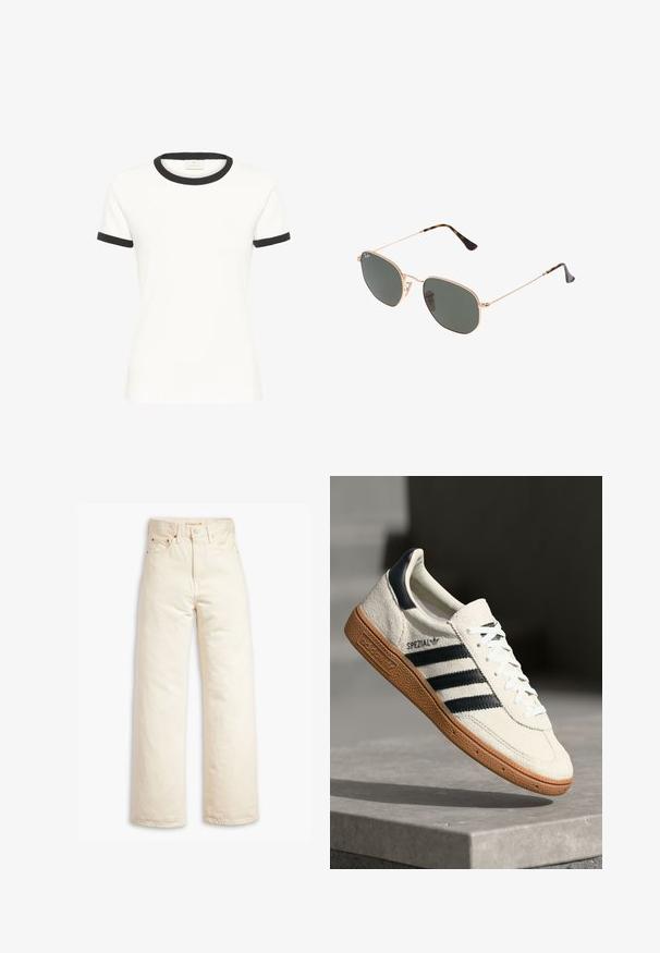 Bijela pamučna majica s crnim rubom oko vrata i manžetama. Kratki rukavi, klasičan kroj, glatka tekstura i bez vidljivih uzoraka.; Bež traperice širokih nogavica od pamučnog denima. Karakteristike uključuju visoki struk, zatvaranje na dugme i dizajn s pet džepova. Glatka, izdržljiva tekstura.; Bijela suede tenisica s mornarsko plavim prugama, gumeni potplat od smole, teksturirani gornji dio, okrugli nos, i vezice; sadrži brendiranje sa strane i na jeziku.; Naočale s metalnim okvirom u zlatnoj boji i tamnozelenim lećama, avijatičarskog stila, sa tankim drškama i kornjačevim naglascima na vrhovima.; Crna torba od quilted umjetne kože s lancem, koja ima heksagonalni uzorak i dekorativni detalj krila na prednjoj strani.