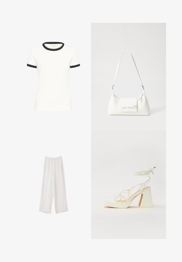 Witte katoenen t-shirt met zwarte ringerhals en mouwboorden. Korte mouwen, klassieke pasvorm, gladde textuur en geen zichtbare patronen.; Witte wijde broek gemaakt van een lichte stof. Voorzien van een elastische tailleband met een trekkoord en zijzakken. Zachte textuur.; Witte hoge hakken sandaal met een chunky hak, met een bandjesontwerp en enkelband. Gladde textuur met een plateau voor extra hoogte.; Witte synthetische handtas met een driehoekige vorm, platte voorklep en strikdetail, verstelbare schouderriem, gladde textuur en minimalistisch ontwerp.