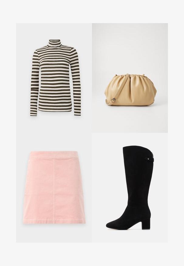 Ilgas rankovės golfo tipo marškinėliai tamsiai alyvuogių spalvos su baltomis horizontaliomis juostelėmis, pagaminti iš minkštos, lengvos medžiagos. Turi priglitusį dizainą.; Rožinė velūriniu mini sijonas su prigludusia talija ir vertikaliais raibais. Sijono apdaila tiesi, jis turi paprastą dizainą be jokių puošmenų.; Juodų zamšo kelių ilgio batų su smailiu nosiu ir bloko kulnu. Pasižymi lygiu paviršiumi ir paprastu dizainu, su šoniniu dirželiu kaip akcentu.; Rudos odos rankinė su raukšlėta forma, reguliuojama dirželiu ir apvalia forma. Minimalistinė ženklinimo detalė priekyje.