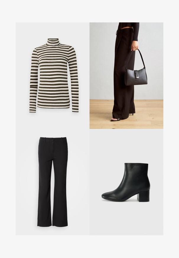 Sötét olivazöld és fehér vízszintes csíkos, hosszú ujjú garbó felső, puha, könnyű anyagból készült. Fitt fazonnal rendelkezik.; Fekete pamut keverék nadrág egyenes szárú dizájnnal, elülső gombos záródással és két oldalsó zsebbel. Simára kialakított textúra, nincs látható minta.; Fekete bőr bokacsizma hegyes orral és vastag sarokkal. Sima felület minimális díszítéssel és karcsú, passzos kialakítással.; Fekete kézi táska strukturált formával, sima textúrával és fémből készült záródással. Széles fekete nadrággal és nyitott orrú szandállal párosítva, fából készült padlón.