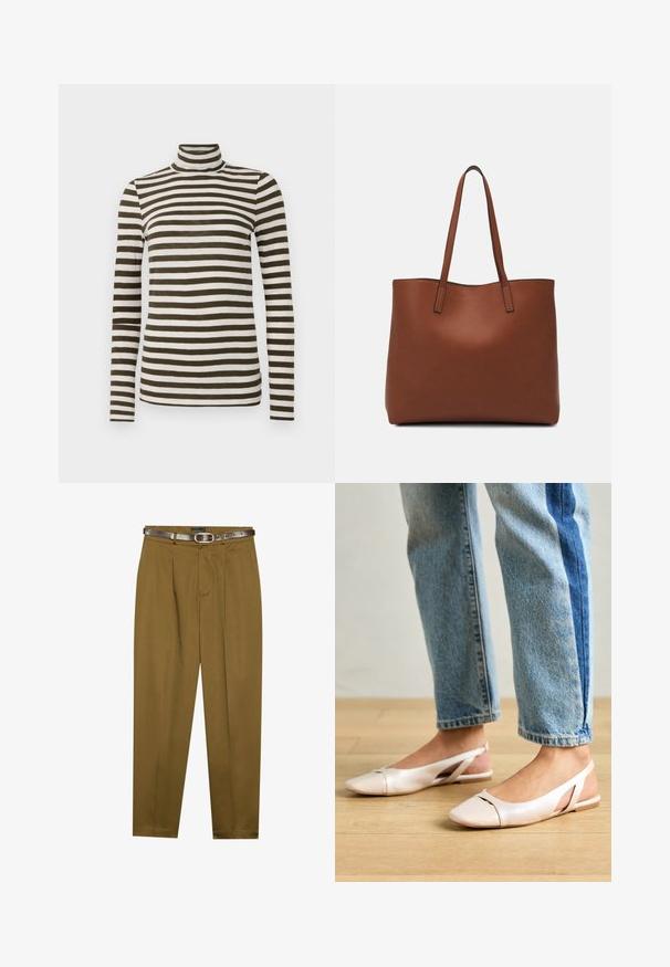 Maglione a maniche lunghe con collo alto in verde oliva scuro e righe orizzontali bianche, realizzato in un tessuto morbido e leggero. Presenta un design aderente.; Pantaloni marroni su misura con frontale pieghettato e vita attillata. Cintura in pelle marrone scuro inclusa, con fibbia rotonda.; Ballerine slingback rosa pallido con punta affusolata, realizzate in un materiale simile alla pelle liscio. Presentano dettagli a taglio sui lati e un tacco piatto.; Borsa tote in pelle marrone con texture liscia, design con apertura superiore e due spallacci. Presenta cuciture minime e nessun hardware visibile.