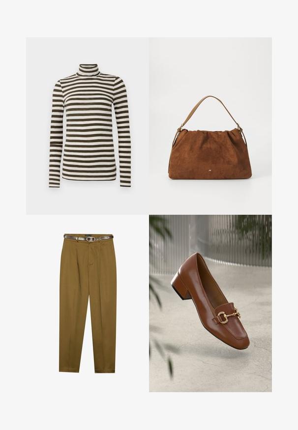 Bluză cu mâneci lungi și guler înalt, în culori oliv închis și dungi orizontale albe, realizată dintr-un material moale și ușor. Prezintă un design ajustat.; Pantaloni maro, croiți, cu un față pliată și un talie ajustată. Curea din piele maro închis inclusă, dotată cu un cataramă rotundă.; Mocasini din piele patent cafenie, cu vârf pătrat, accent cu lanț metalic și toc mic; textură netedă, design minimalist.; Geantă din suede maro cu un design plisat, având o curea din piele bej și un detaliu subtil cu logo auriu în partea din față.