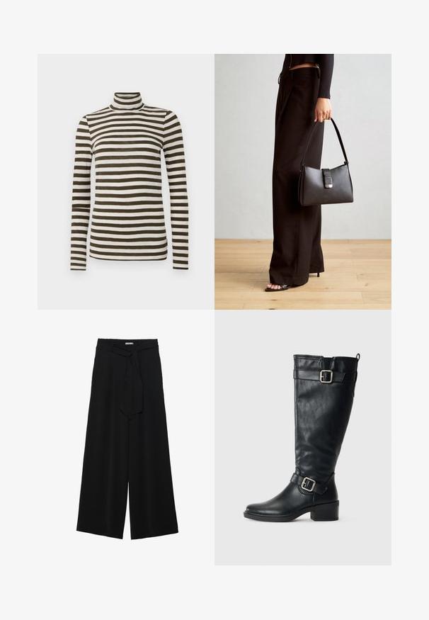 Langærmet rullekravebluse i mørk oliven med hvide vandrette striber, lavet af et blødt, let stof. Har et tætsiddende design.; Sorte vide bukser i en tekstureret stofkvalitet, med elastisk talje og et aftageligt bånd i taljen for justerbar pasform.; Høj sort læderstøvle med lav hæl, dekorative spænder nær anklen og toppen, samt en løftestrop bagpå.; Sort håndtaske med struktureret form, glat overflade og metalspænde. Sammen med brede sorte bukser og sandaler med åben tå på trægulv.