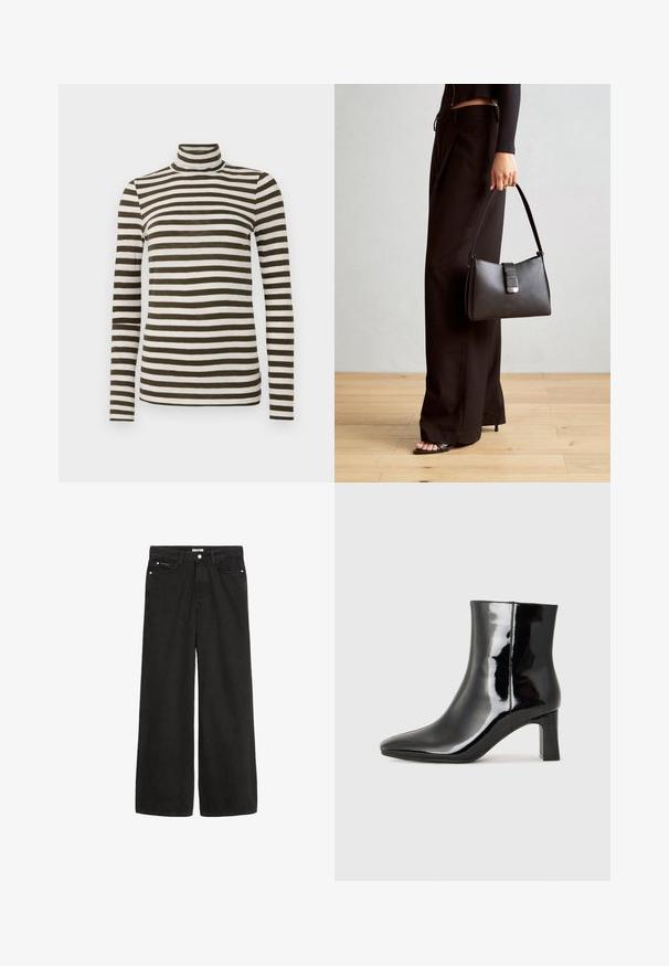 Langsleeve coltruik in donkerolijf met witte horizontale strepen, gemaakt van een zachte, lichte stof. Heeft een getailleerd ontwerp.; Zwarte denim jeans met wijde pijpen en een hoge taille. Bevat vijf zakken, metalen beslag en een nette afwerking. De textuur is glad en zacht.; Zwarte gepolijste leren enkellaars met een spitse neus en een blokhak van gemiddelde hoogte. Glad textuur en minimalistisch ontwerp.; Zwarte handtas met gestructureerde vorm, gladde textuur en een metalen sluiting. Gecombineerd met brede zwarte broeken en sandalen met open teen op een houten vloer.