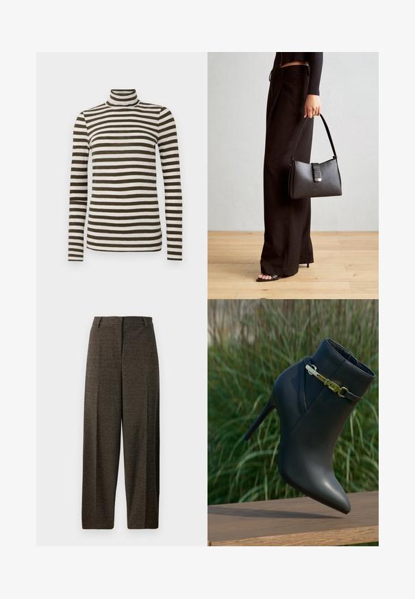 Langärmliges Rollkragenoberteil in dunkeloliv mit weißem horizontalem Streifenmuster, aus einem weichen, leichten Stoff gefertigt. Verfügt über eine taillierte Passform.; Braune weit geschnittene Hose aus strukturiertem Stoff, mit einem taillierten Bund, Gürtelschlaufen und zwei vorderen Taschen.; Schwarze High-Heel-Stiefelette mit spitzem Zehenbereich und goldener Schnallen-Details, auf einer Holzoberfläche mit grünem Blattwerk im Hintergrund präsentiert.; Schwarze Handtasche mit strukturierter Form, glatter Textur und einem metallischen Verschluss. Kombiniert mit weiten schwarzen Hosen und offenen Sandalen auf einem Holzboden.