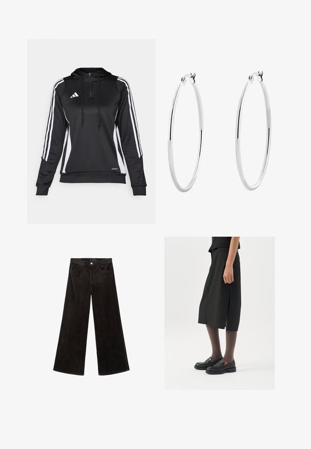 Čierny športový pulóver s polovičným zipsom, kapucňou a bielymi bočnými pruhmi. Vyrobený z hladkého, ľahkého materiálu s priliehavým strihom a nastaviteľnými šnúrkami.; Čierne kordové nohavice so širokými nohavicami a vysokým pásom, vrchné vrecká a textúrovaná látka, s gombíkovým zapínaním a pútkami na opasok.; Čierna sukňa po kolená so bočným rozparkom, skombinovaná s čiernymi mokasínami a priehľadnými hnedými pančuchami, s hladkým materiálom a jednoduchým dizajnom.; Strieborné kruhové náušnice s hladkým, lesklým povrchom a tenkým, kruhovým tvarom. Dizajn obsahuje bezpečné zapínanie.