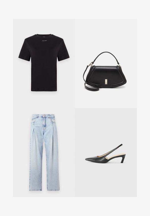 Svart bomulls t-shirt med korta ärmar, rund halsringning och liten vit "Calvin Klein" logotyp vid bröstet. Slät textur, klassisk passform.; Ljust blå denimjeans med hög midja, vida ben, två sidofickor och veckad design. Mjuk textur med en blekt finish.; Svart spetsig slingback-sko med låg klack, som har ett slätt lädermaterial och utskärningsdesign på sidan för andningsförmåga.; Svart läderhandväska med en strukturerad design, som har en avskuren form, ett handtag upptill och guldiga detaljer. Justerbar axelrem ingår.