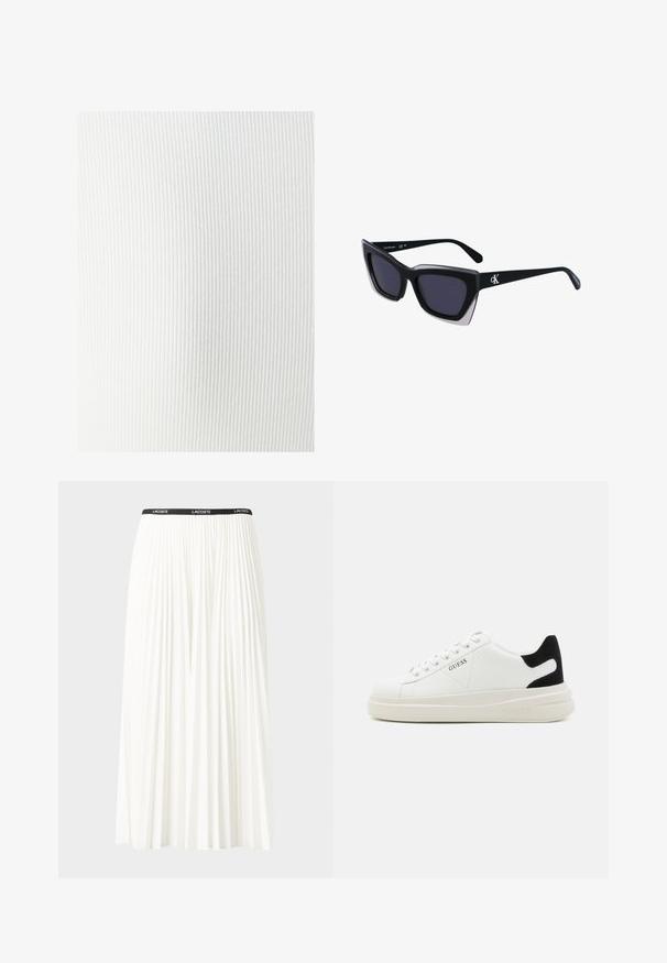 Valge ribakujuline kangas pehme tekstuuriga, vertikaalsete joontega ja sileda viimistlusega. Sobib mitmekesiste rõivaste valmistamiseks.; Kurtitudega valge seelik musta elastse vööga, millel on "LACOSTE" logo. Keskmise pikkusega disain pehme tekstuuriga.; Valged nahast tennisetossud paksu valge tallaga, musta sametist kontsakeeuga ja külje peal riigilogo reljeefne kujundus. Lukkeskeem kuue silmaauguga.; Mustad suured mustad prillid geomeetrilise kujuga, tumedate läätsedega ja kontrastse halli detailiga raamidel. Logo käe peal.