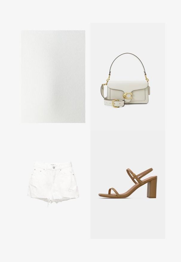 Bela rebrasta tkanina z mehko teksturo, ki ima vertikalne črte in gladko površino. Primerna za različne aplikacije v oblačilih.; Bele hlače iz belega denima z obrabljenim videzom, raztrganim robom in obliko petih žepov. Vključuje kovinsko gumbe in zakovice.; Svetlo rjave sandale s peto, ki imajo dva tanka traka in kvadratno blok peta. Gladek material z minimalnim dizajnom in majhnim zlatim sponko.; Bela usnjena torbica z zlatimi kovinskimi detajli, z zaponko na preklop in odstranljivim, nastavljivim trakom. V sredini okrogel kovinski okrasek.