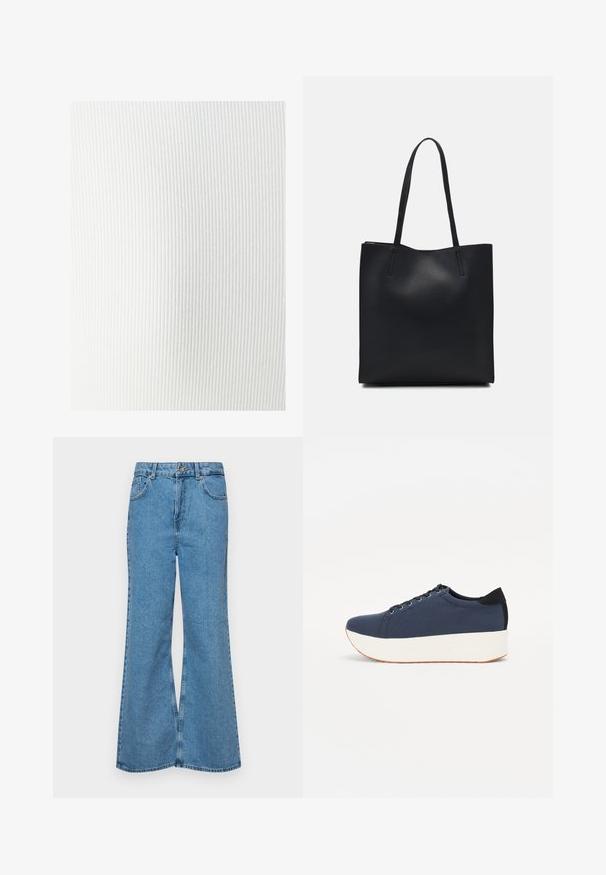 Hvid ribbet stof med en blød tekstur, der har lodrette linjer og en glat finish. Velegnet til forskellige beklædningsanvendelser.; Lysblå flagrende jeans lavet af denim, med høj talje, fem lommer og en enkelt knaplukning. Blød tekstur med en falmet finish.; Mørkeblå sneakers med en struktureret stofoverdel, hvid platformssål, rund tå og sort hælakkent. Har seks snøreøjer til snørebånd.; Sort læder tote taske med glat tekstur, rektangulær form og to lange hanke. Ingen synlig hardware eller udsmykninger.