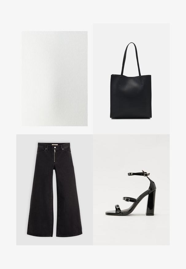 Hvid ribbet stof med en blød tekstur, der har lodrette linjer og en glat finish. Velegnet til forskellige beklædningsanvendelser.; Vide ben jeans i sort denim med lynlås foran, fem lomme-design og subtile stikninger. Glat tekstur og afslappet stil.; Sorte patenterede hælsandaler med firkantet tå, ankelremme og sølvspænder. Har en chunky blokHæl for stabilitet.; Sort læder tote taske med glat tekstur, rektangulær form og to lange hanke. Ingen synlig hardware eller udsmykninger.