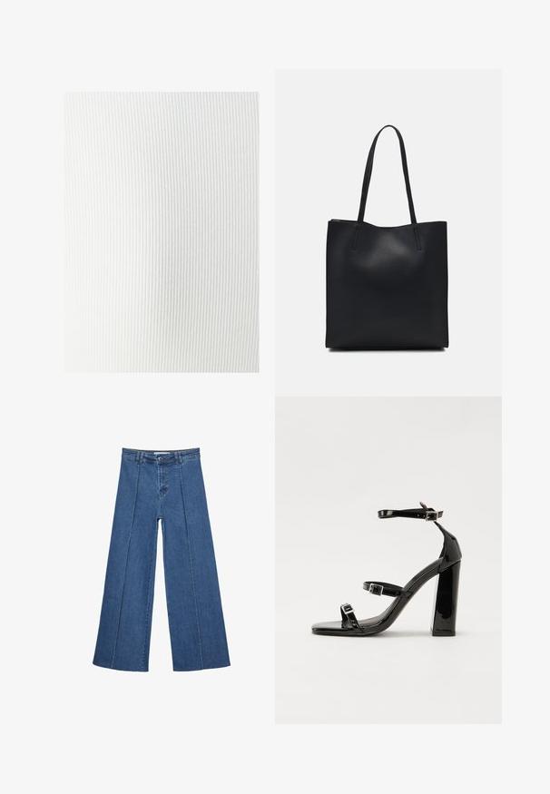 Hvid ribbet stof med en blød tekstur, der har lodrette linjer og en glat finish. Velegnet til forskellige beklædningsanvendelser.; Bredde ben denim jeans i mellemblå, med høj talje, knaplukning og kontrasterende lodrette sømdetaljer foran.; Sorte patenterede hælsandaler med firkantet tå, ankelremme og sølvspænder. Har en chunky blokHæl for stabilitet.; Sort læder tote taske med glat tekstur, rektangulær form og to lange hanke. Ingen synlig hardware eller udsmykninger.