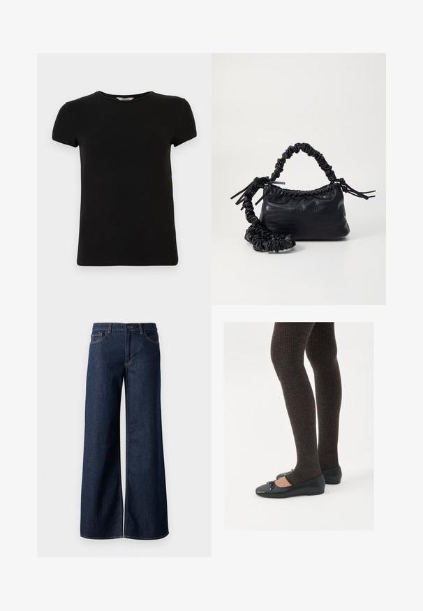 Černé tričko s krátkým rukávem a kulatým výstřihem, vyrobené z hladké bavlněné tkaniny, s jednoduchým designem a bez viditelných vzorů nebo akcentů.; Džínsy s širokými nohavicemi v tmavě modré barvě. Mají kontrastní švy, pět kapes a zapínání na knoflík v pase. Hladká textura.; Černé ploché boty s malou mašlí na špičce, kombinované s tmavě hnědými žebrovanými punčochami. Boty mají hladký povrch a nízký profil.; Černá kabelka z umělé kůže s krokodýlím vzorem, staženým vrškem a zmačkaným popruhem. Zdá se, že má měkký a kompaktní design.
