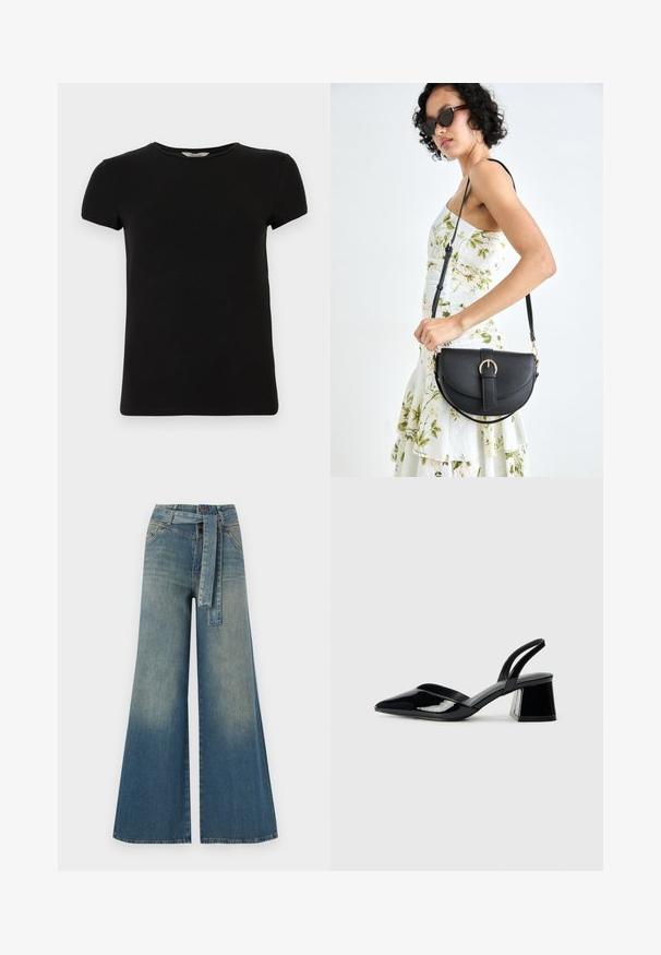 Black short-sleeve t-shirt with a crew neckline, made of smooth cotton fabric, featuring a simple design and no visible patterns or accents.; Wide-leg denim trousers featuring a light to dark blue gradient, high waist, belt loops, and a matching fabric belt. Textured denim finish.; Black patent leather slingback heels with a pointed toe and a geometric block heel. Features a sleek, minimal design and smooth texture.; Black leather handbag with a curved shape, detachable strap, and gold hardware. The bag features a flap with a buckle detail.