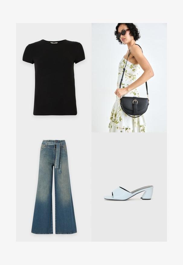 Svart kortärmad t-shirt med rundad halsringning, tillverkad av mjukt bomullstyg, med en enkel design och utan synliga mönster eller dekorationer.; Breda denimbyxor med en ljus till mörkblå gradient, hög midja, bälteshällor och ett matchande tygbälte. Texturerad denimfinish.; Ljusblå öppna klackskor med geometrisk design, med ett brett rem över foten och en kraftig, vinkelrät klack.; Svart läderhandväska med en böjd form, avtagbar rem och guldiga detaljer. Väskan har ett lock med en spänndetalj.
