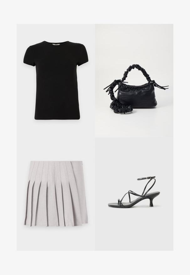 Black short-sleeve t-shirt with a crew neckline, made of smooth cotton fabric, featuring a simple design and no visible patterns or accents.; Gray pleated skirt with a smooth texture, featuring multiple vertical folds and a fitted waistline. Made from lightweight fabric.; Black heeled sandals with thin straps, open toe design, and a small, flared heel. The material appears smooth and glossy.; Black faux leather handbag with a crocodile texture, cinched top, and a scrunched strap. Appears soft and compact in design.