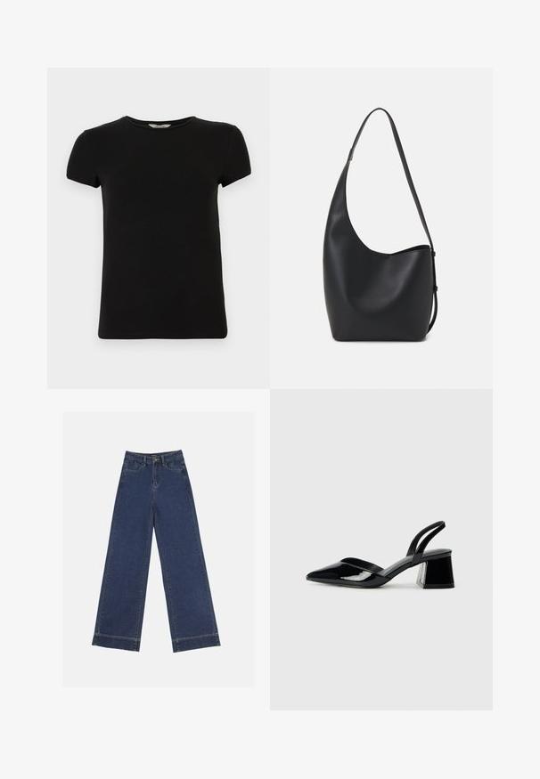 Black short-sleeve t-shirt with a crew neckline, made of smooth cotton fabric, featuring a simple design and no visible patterns or accents.; Wide-leg jeans in dark blue denim. Features five pockets, belt loops, and a raw hem at the bottom with visible stitching details.; Black patent leather slingback heels with a pointed toe and a geometric block heel. Features a sleek, minimal design and smooth texture.; Black leather hobo bag with a smooth texture, curved shape, and single adjustable strap; features a wide opening at the top.