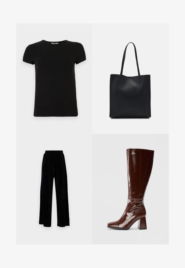 Melna īsām piedurknēm T-kreklā ar apaļu kakla izgriezumu, izgatavota no gludas kokvilnas auduma, ar vienkāršu dizainu un bez redzamām rakstām vai akcentiem.; Melni platajā stila bikses, izgatavotas no mīksta samta, ar elastīgu jostu un gludu tekstūru, bez redzamām detaļām vai rakstiem.; Cēloji līdz ceļiem brūni laku ādas zābaki ar kvadrāta purngalu, spīdīgu apdari un masīvu papēdi stabilitātei. Bezšuvju dizains bez redzamām detaļām.; Melnas ādas somiņa ar gludu tekstūru, taisnstūra formu un divām garām rokturiem. Nav redzamu aparatūras vai rotājumu.