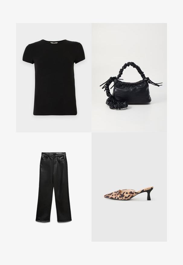 Melna īsām piedurknēm T-kreklā ar apaļu kakla izgriezumu, izgatavota no gludas kokvilnas auduma, ar vienkāršu dizainu un bez redzamām rakstām vai akcentiem.; Plašas melnas mākslīgās ādas bikses ar kabatām priekšpusē, jostas cilpām un nelielu spīdumu. Gluda tekstūra un piegriezts siluets.; Zābaks ar norādītu purngalu, ar leoparda raksta virsu un zemu melnu kaķenītes papēdi uz gaiša fona.; Melnā mākslīgās ādas rokassoma ar krokodila rakstu, savilkta augšdaļa un saburzīta siksna. Izskatās mīksta un kompakta pēc dizaina.