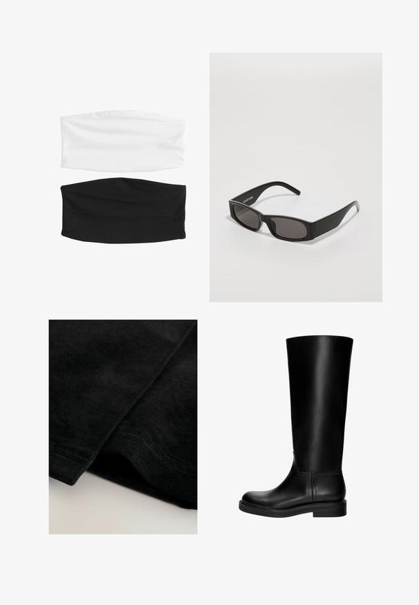 Dve elastické čelenky: jedna biela a jedna čierna. Obe sú vyrobené z mäkkej, elastickej tkaniny s hladkým povrchom a bezšvovým dizajnom.; Čierna kordúrová tkanina s mäkkým, textúrovaným povrchom, s viditeľným ryhovaním a úhľadne olemovanými hranami.; Čierne kožené čižmy po kolená s hladkou textúrou, okrúhlou špičkou, nenápadným dizajnom a nízkym blokovým podpätkom. Žiadne viditeľné kovanie ani vzory.; Čierne obdĺžnikové slnečné okuliare s tmavými sklami, hladkým plastovým rámom a decentným logom na ľavom ramene. Minimalistický dizajn.; Hedvábný šátek s bílým pozadím, na kterém jsou velké černé puntíky a úzký černý lem. Tkanina vypadá hladce a mírně zmačkaně.; Červená kožená taška cez rameno s zakriveným dizajnom, hladkou textúrou a zipsovým uzáverom. Obsahuje tenký popruh na nosenie.