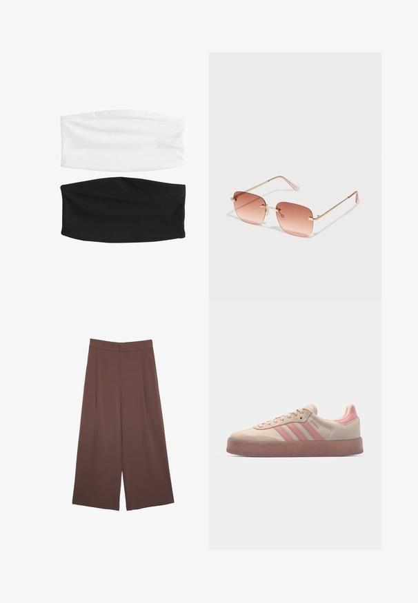 Due elastici per capelli: uno bianco e uno nero. Entrambi sono realizzati in tessuto morbido e elastico, con una texture liscia e un design senza cuciture.; Pantaloni ampi marroni con una texture liscia, caratterizzati da una vita alta e pieghe frontali. Il tessuto è leggero e scorre liberamente.; Sneaker beige in suede con dettagli rosa chiaro, suola in gomma testurizzata e tre strisce rosa laterali. Punta arrotondata e design con lacci.; Occhiali da sole rettangolari con lenti rosa sfumate, montatura in metallo dorato e aste rosa. Presentano piccoli cuscinetti per il naso e dettagli sottili sulle cerniere.