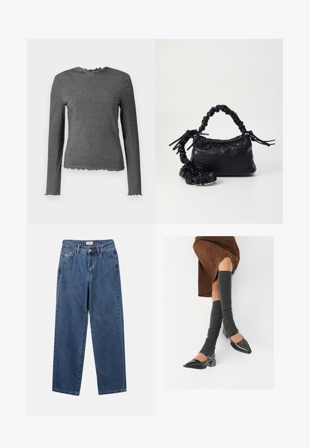 Langsleeve, donkergrijs geribd gebreid top met een gekartelde rand bij de manchetten, de halslijn en de zoom.; Klassieke blauwe denim jeans met een rechte pijp, vijf zakken en een knoopsluiting. Heeft een middelgrote wasbeurt en stevige textuur.; Zwarte gepatineerde leren pumps met een puntige neus, een blokhak en een enkelbandje, gecombineerd met grijze geribde beenwarmers en een bruine suède rok.; Zwarte nepleer handtas met een krokodillenstructuur, opgedroogde bovenkant en een gekreukte hengsel. Het lijkt zacht en compact van ontwerp.
