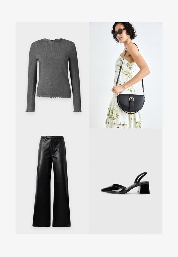 Pitkähihainen, tummanharmaa ribbikudottu paita, jossa on salaatinreunakohdat hihoissa, kaula-aukossa ja helmassa.; Mustat korkeat leveät keinonahkahousut, joissa on etupainike, vetoketjukiinnitys, vyölenkit ja sivutaskut valkoista taustaa vasten.; Mustat patentoitu nahkakengät, joissa on säären takaosa ja terävä kärki, sekä geometrinen palikkakorko. Sisältää tyylikkään, minimalistisen muotoilun ja sileän pinnan.; Musta nahkainen käsilaukku, joka on kaareva muotoilultaan, irrotettavalla hihnalla ja kultaisilla yksityiskohdilla. Laukussa on läppä, jossa on solk yksityiskohta.