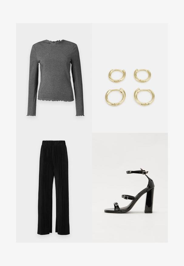 Długo rękawowy, ciemnoszary, prążkowany top z koronkowymi mankietami, dekoltem i dołem.; Czarne spodnie plisowane z elastycznym paskiem w talii. Posiadają szerokie nogawki oraz gładki, teksturowany materiał z pionowymi paskami.; Czarne lakierowane sandały na obcasie z kwadratowym noskiem, z paskami wokół kostki i srebrnymi klamrami. Posiadają masywny słupek dla stabilności.; Złote kolczyki w kształcie kół, cztery sztuki, gładkie wykończenie, zaokrąglony design, w różnych rozmiarach, z zawiasowym zapięciem dla łatwego zakupu.