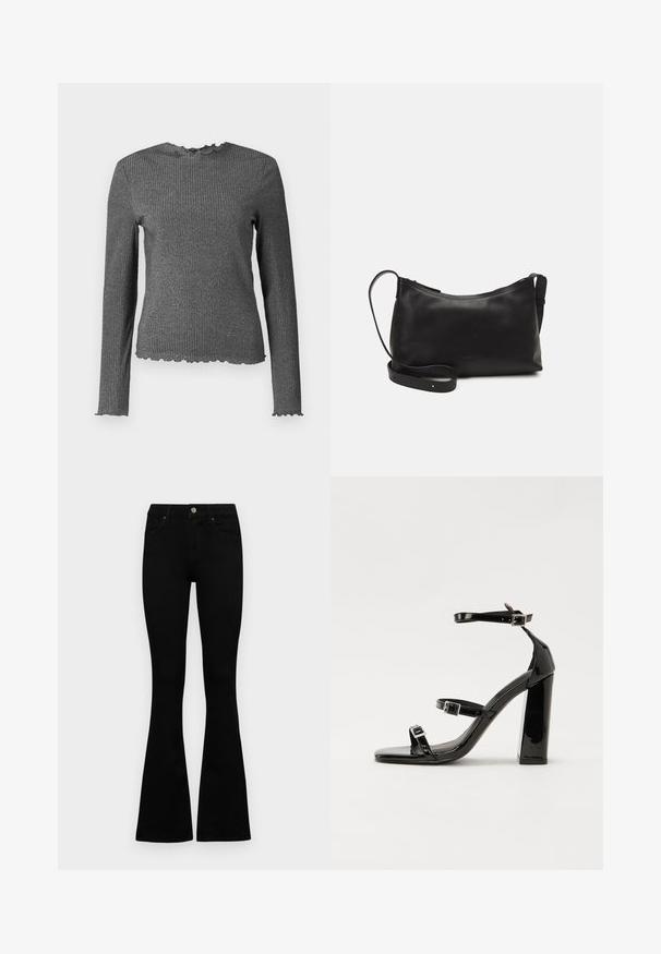 Langärmliges, dunkelgraues, geripptes Strickoberteil mit gesäumten Ärmeln, Halsausschnitt und Saum.; Schwarze hochtaillierte Jeans mit einem Knopf- und Reißverschluss, Fronttaschen und ausgestellten Beinen, flach auf einem weißen Hintergrund ausgelegt.; Schwarze patentierte Sandalen mit Absatz, quadratischer Spitze, Knöchelriemen und silbernen Schnallen. Mit einem stabilen Blockabsatz für mehr Stabilität.; Schwarze Ledertasche für die Schulter mit glatter Textur, geschwungener Form, verstellbarem Tragegurt und Reißverschluss. Minimalistisches Design ohne Verzierungen.