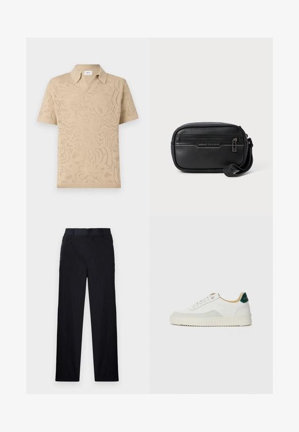 NN.07 RYAN - Majica kratkih rukava s printom - sand; Crne hlače od lagane, teksturirane tkanine, ravnog kroja, s elastičnom gumicom u struku i bočnim džepovima sa zatvaračem.; Bijele tenisice s akcentima od antilopa, zaobljenim vrhom, ravnim vezicama i krem gumenim potplatom. Imaju zelenu oznaku na peti.; Crna kožna torba za preko ramena s patentnim zatvaračem, teksturiranom površinom i srebrnim hardverom. Na prednjoj strani se nalazi logo "Armani Exchange".